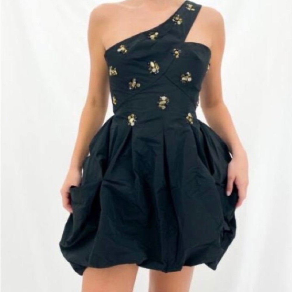 Bcbgmaxazria one shoulder ballon dress with detailed embellishments/ back zipper